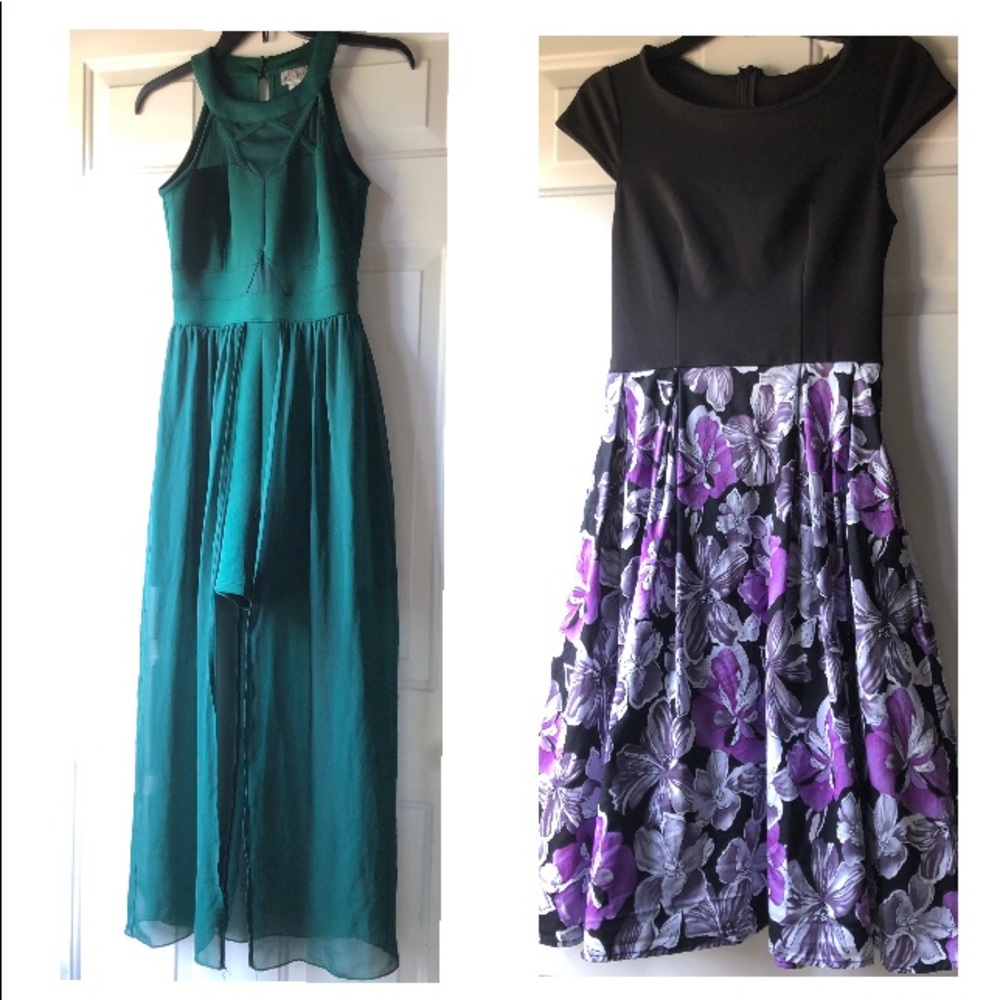 Dressy Green Romper / Black & Purple Floral Dress